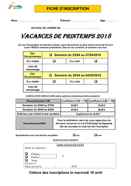 Vacances De PRINTEMPS 2018