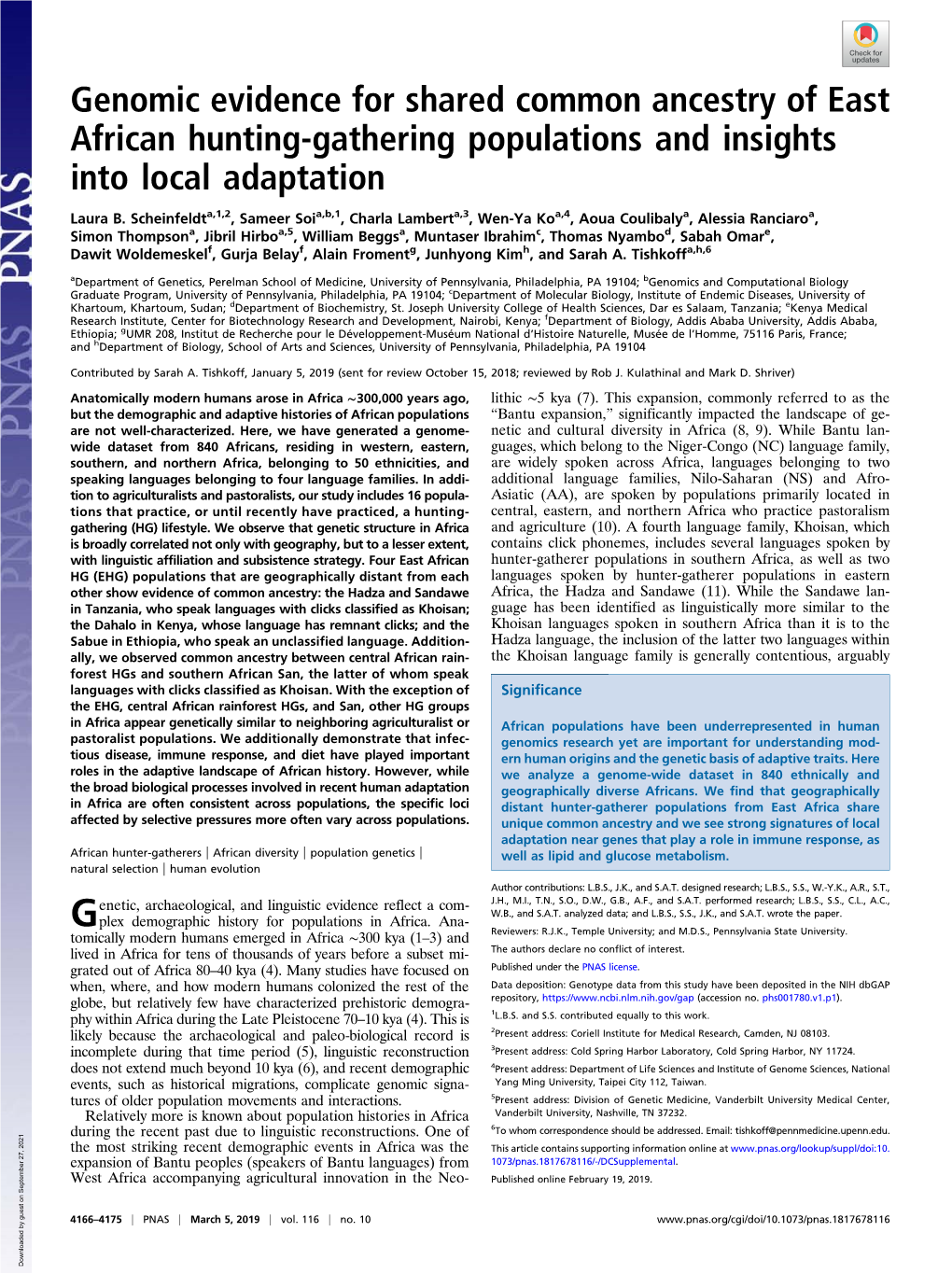 Genomic Evidence for Shared Common Ancestry of East African Hunting-Gathering Populations and Insights Into Local Adaptation