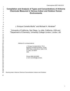 Compilation and Analysis of Types and Concentrations of Airborne 3 Chemicals Measured in Various Indoor and Outdoor Human 4 Environments 5 6 7 8 9 1 2 10 J