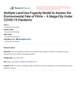 Multiple Land-Use Fugacity Model to Assess the Environmental Fate of Pahs – a Mega-City Under COVID-19 Pandemic