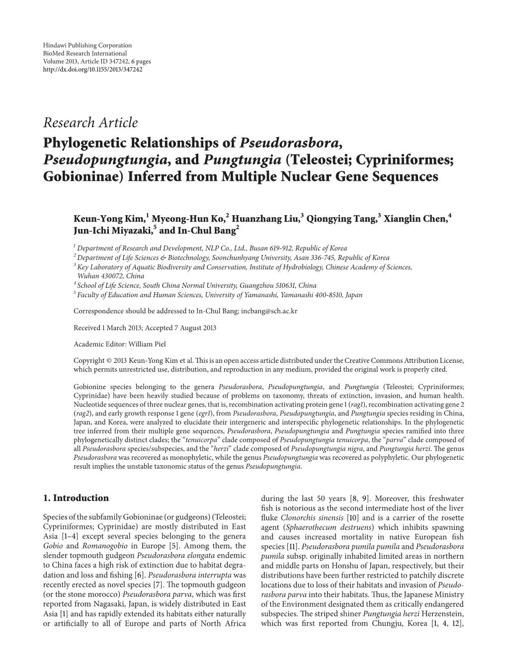 Phylogenetic Relationships of Pseudorasbora, Pseudopungtungia,Andpungtungia (Teleostei; Cypriniformes; Gobioninae) Inferred from Multiple Nuclear Gene Sequences