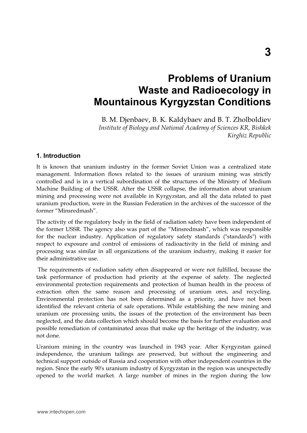 Problems of Uranium Waste and Radioecology in Mountainous Kyrgyzstan Conditions