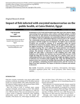 Impact of Fish Infected with Encysted Metacercariae on the Public Health, at Cairo District, Egypt