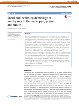 Social and Health Epidemiology of Immigrants in Germany: Past, Present and Future Oliver Razum and Judith Wenner*