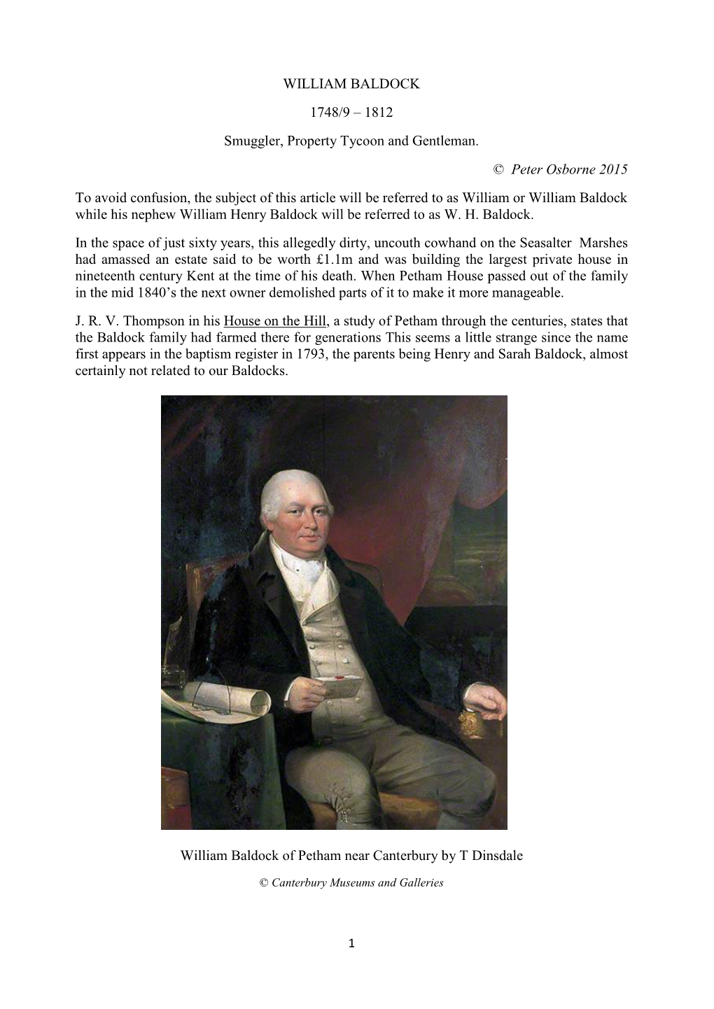 WILLIAM BALDOCK 1748/9 – 1812 Smuggler, Property Tycoon and Gentleman