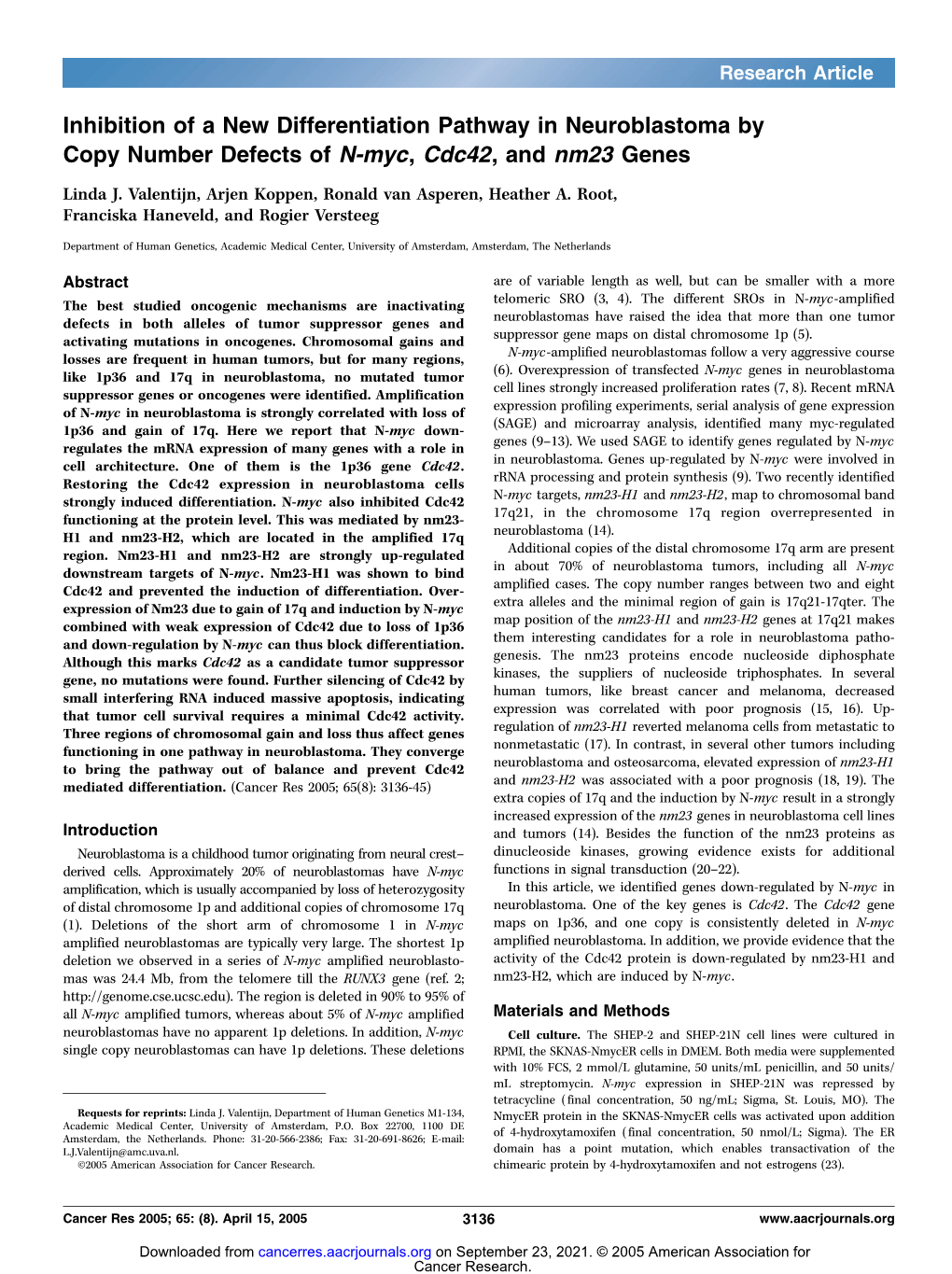 Inhibition of a New Differentiation Pathway in Neuroblastoma by Copy Number Defects of N-Myc, Cdc42, and Nm23 Genes