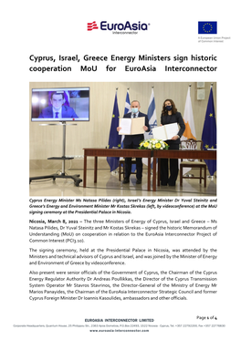 Cyprus, Israel, Greece Energy Ministers Sign Historic Cooperation Mou for Euroasia Interconnector