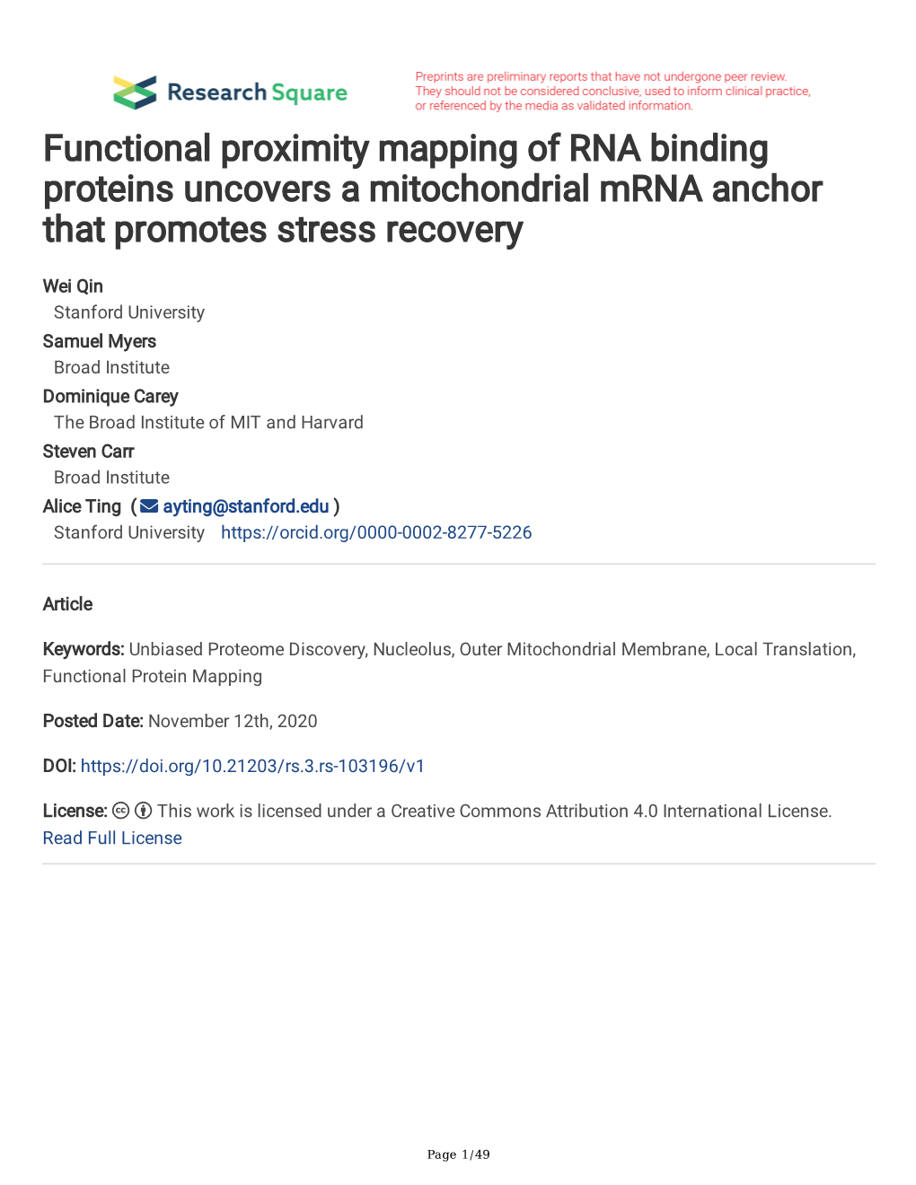 Functional Proximity Mapping of RNA Binding Proteins Uncovers a Mitochondrial Mrna Anchor That Promotes Stress Recovery