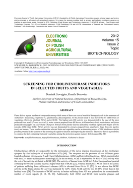 Screening for Cholinesterase Inhibitors in Selected Fruits and Vegetables, Ejpau, 15(2), #06