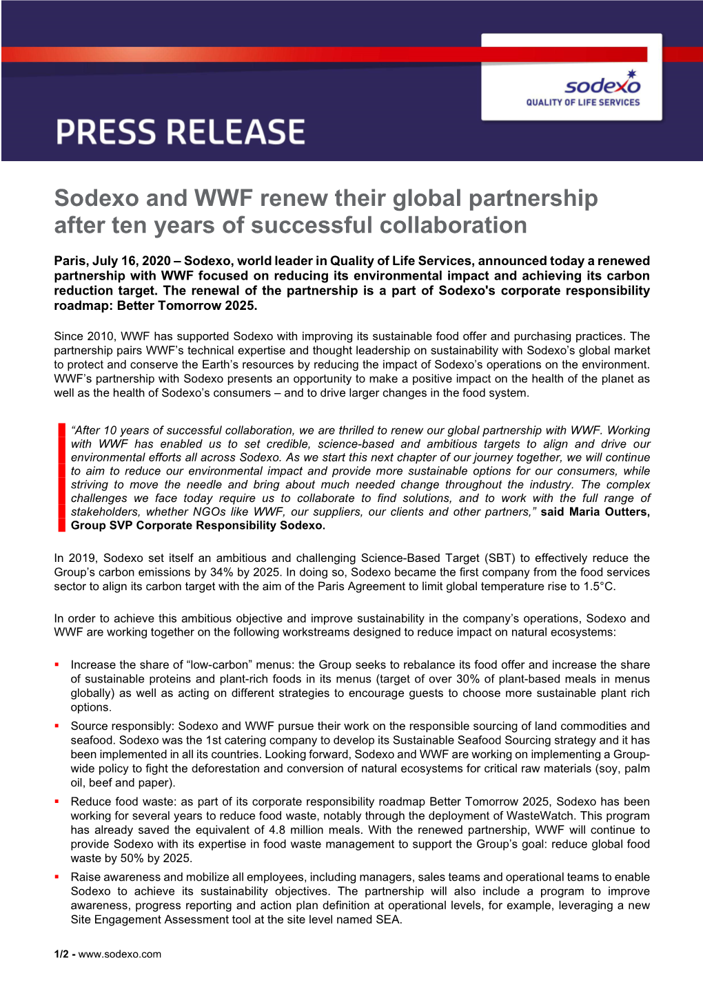 Sodexo and WWF Renew Their Global Partnership After Ten Years of Successful Collaboration
