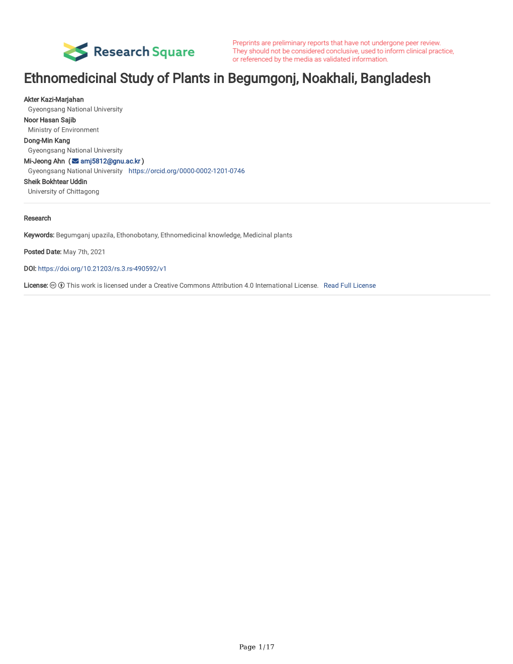 Ethnomedicinal Study of Plants in Begumgonj, Noakhali, Bangladesh