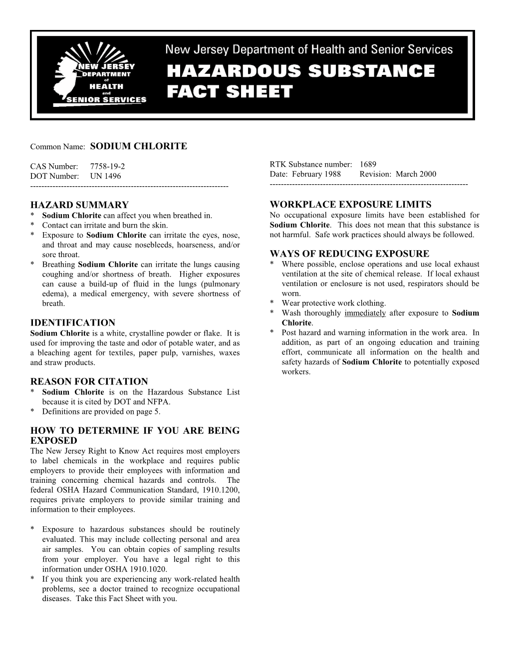 Sodium Chlorite Hazard Summary Identification