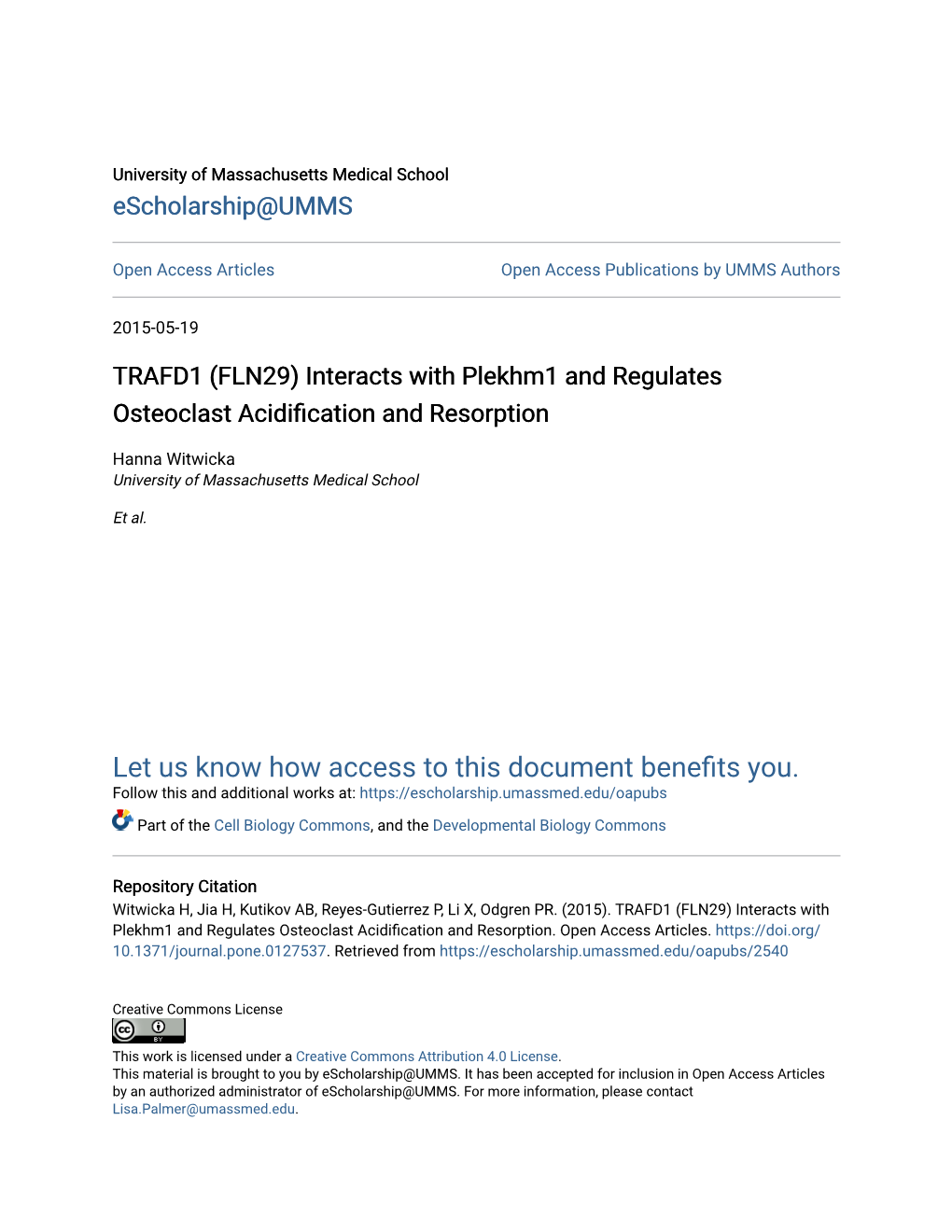 TRAFD1 (FLN29) Interacts with Plekhm1 and Regulates Osteoclast Acidification and Resorption