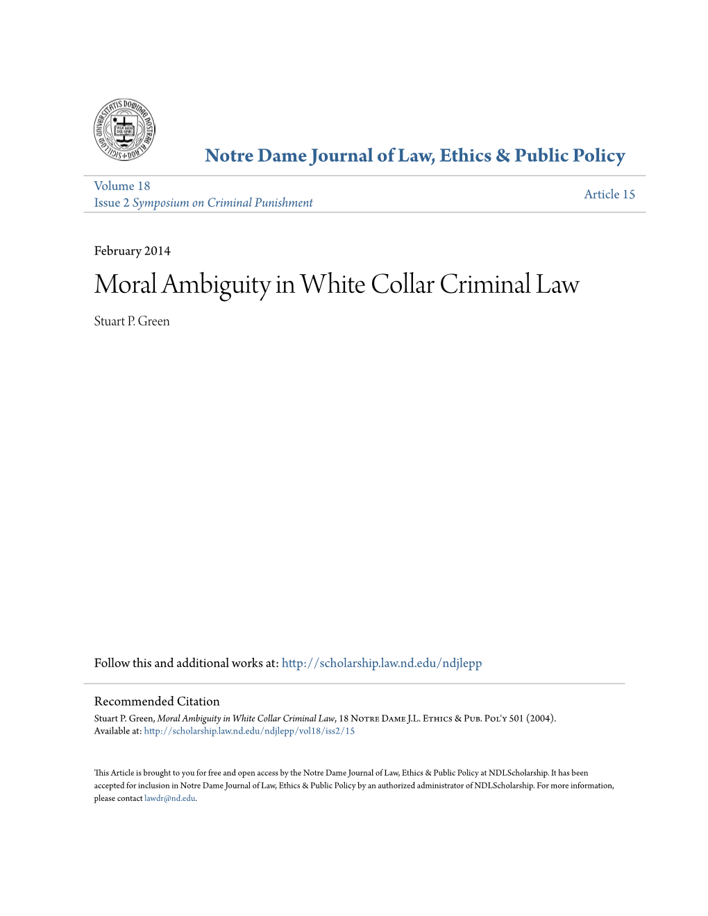 Moral Ambiguity in White Collar Criminal Law Stuart P