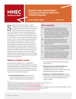 Student Loan Interest Rates: MHEC a Survey of Federal, State, and RESEARCH BRIEF Private Programs