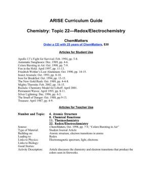 ARISE Curriculum Guide Chemistry: Topic 22—Redox/Electrochemistry