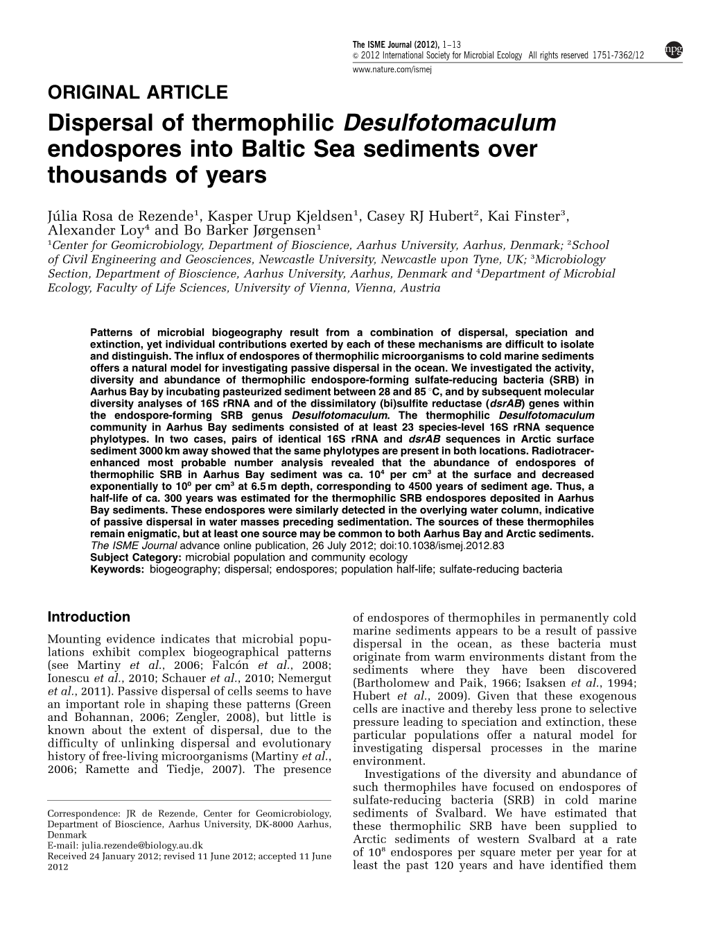 Dispersal of Thermophilic Desulfotomaculum Endospores Into Baltic Sea Sediments Over Thousands of Years