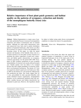 Relative Importance of Host Plant Patch Geometry and Habitat Quality on the Patterns of Occupancy, Extinction and Density of the Monophagous Butterﬂy Iolana Iolas