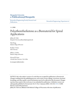 Polyetheretherketone As a Biomaterial for Spinal Applications Jeffrey M
