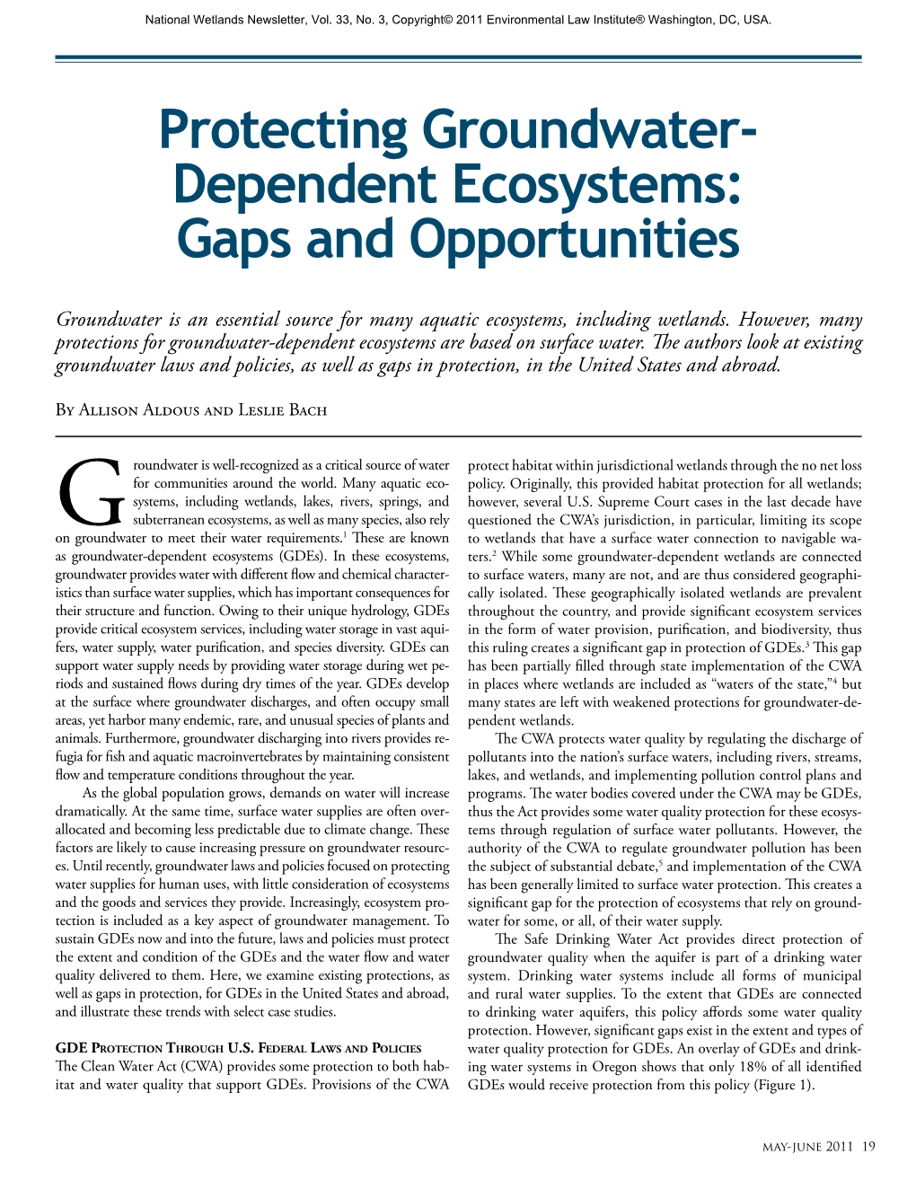 Protecting Groundwater- Dependent Ecosystems: Gaps and Opportunities