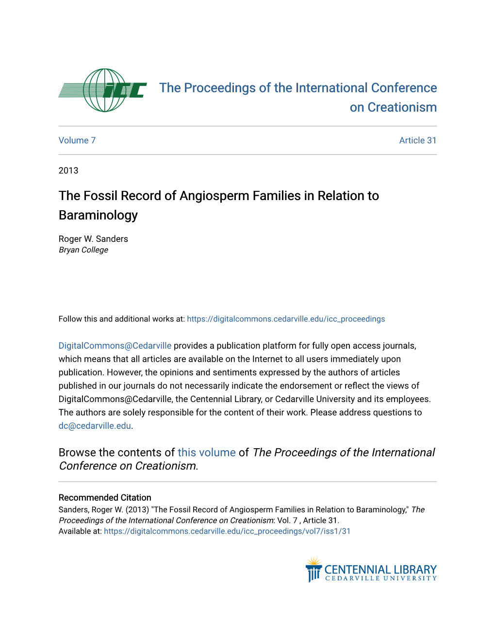 The Fossil Record of Angiosperm Families in Relation to Baraminology