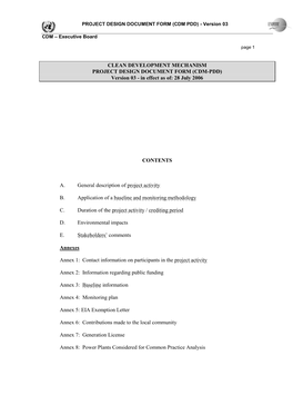 CLEAN DEVELOPMENT MECHANISM PROJECT DESIGN DOCUMENT FORM (CDM-PDD) Version 03 - in Effect As Of: 28 July 2006