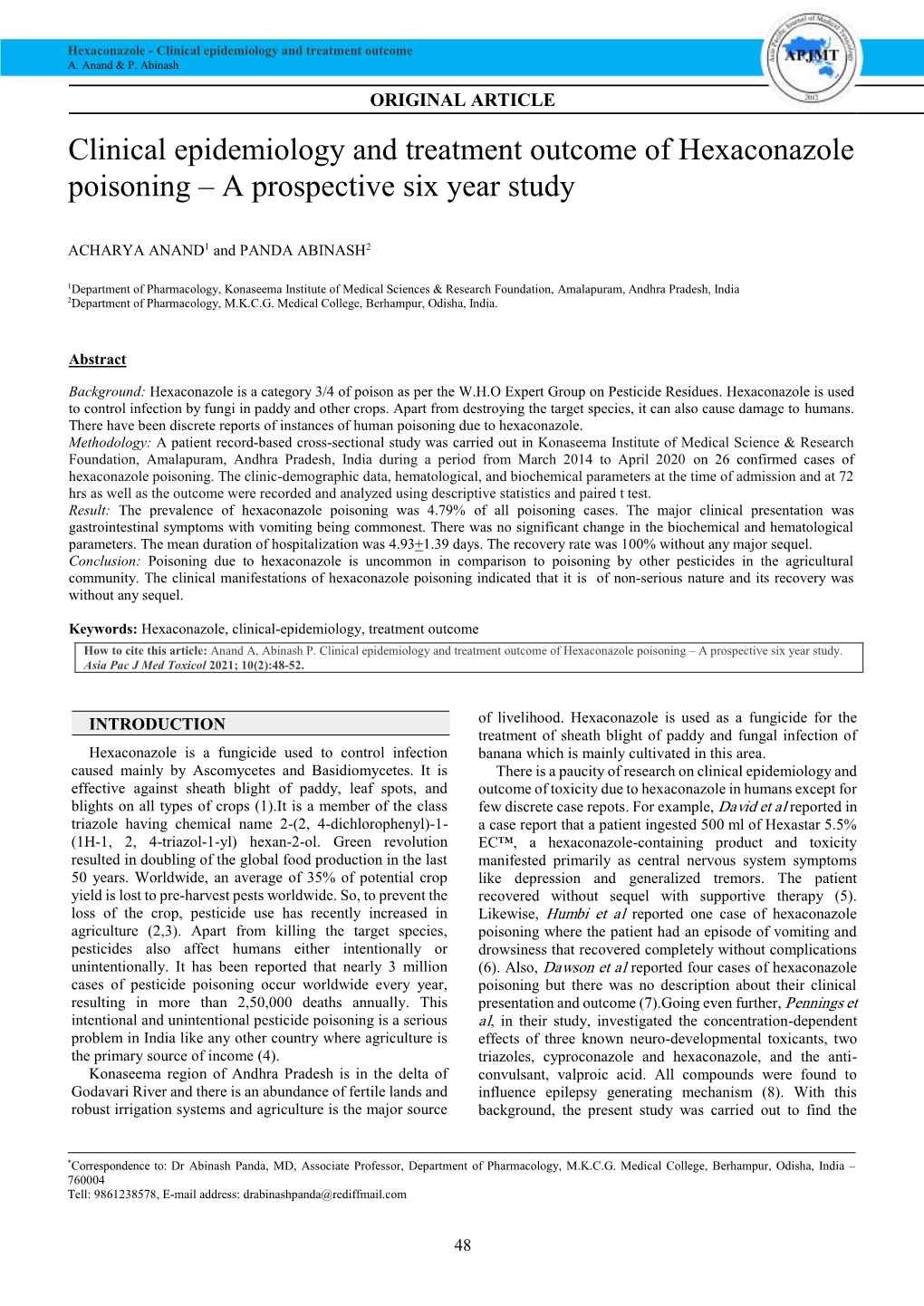 Clinical Epidemiology and Treatment Outcome of Hexaconazole Poisoning – a Prospective Six Year Study