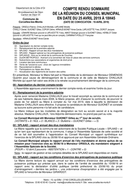 Compte Rendu Sommaire De La Réunion Du Conseil Municipal En Date Du 25