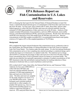 EPA Releases Report on Fish Contamination in U.S. Lakes and Reservoirs