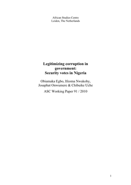 Institutionalizing Corruption: Security Votes in Nigeria