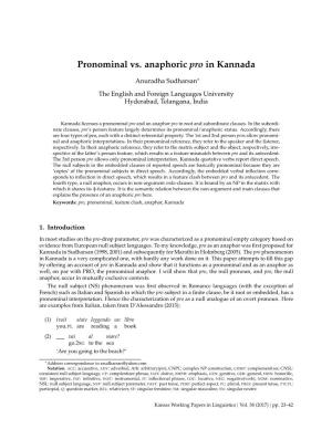 Pronominal Vs. Anaphoric Pro in Kannada