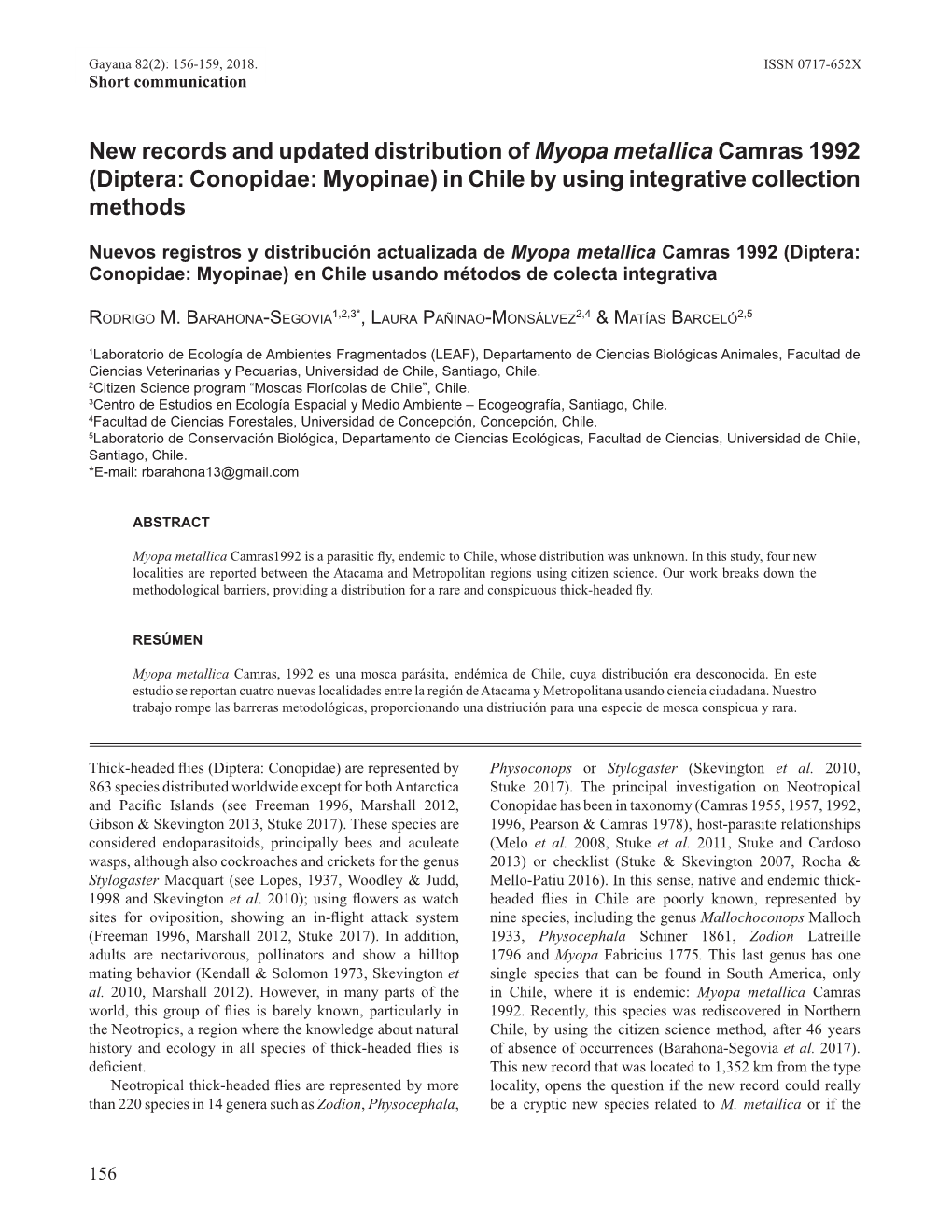 Diptera: Conopidae: Myopinae) in Chile by Using Integrative Collection Methods