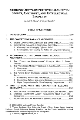 Striking out Competitive Balance in Sports, Antitrust, and Intellectual