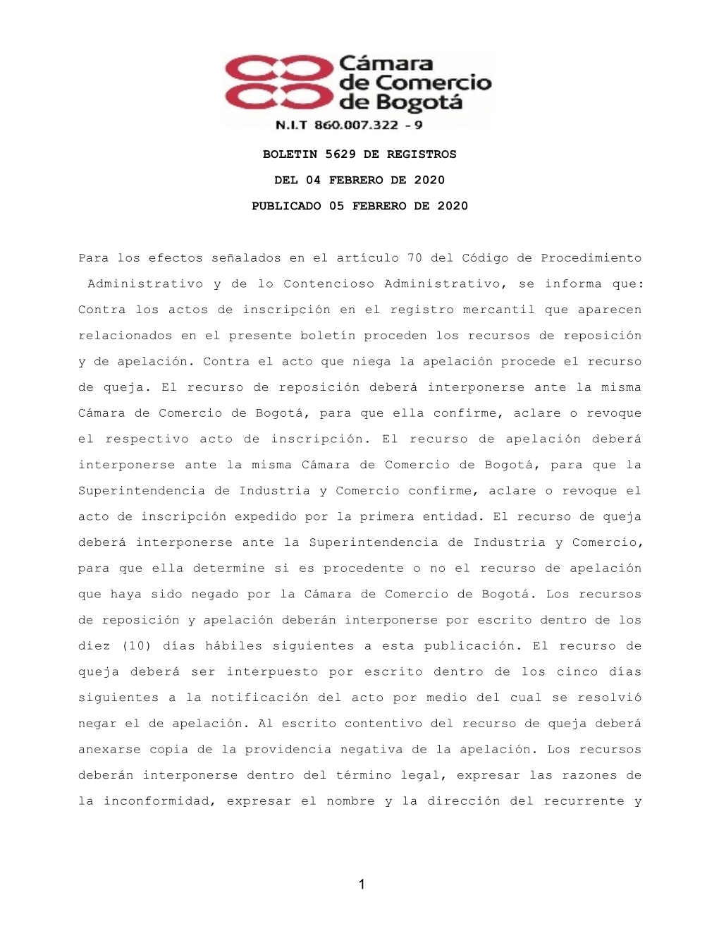 BOLETIN 5629 DE REGISTROS DEL 04 FEBRERO DE 2020 PUBLICADO 05 FEBRERO DE 2020 Para Los Efectos Señalados En El Artículo 70