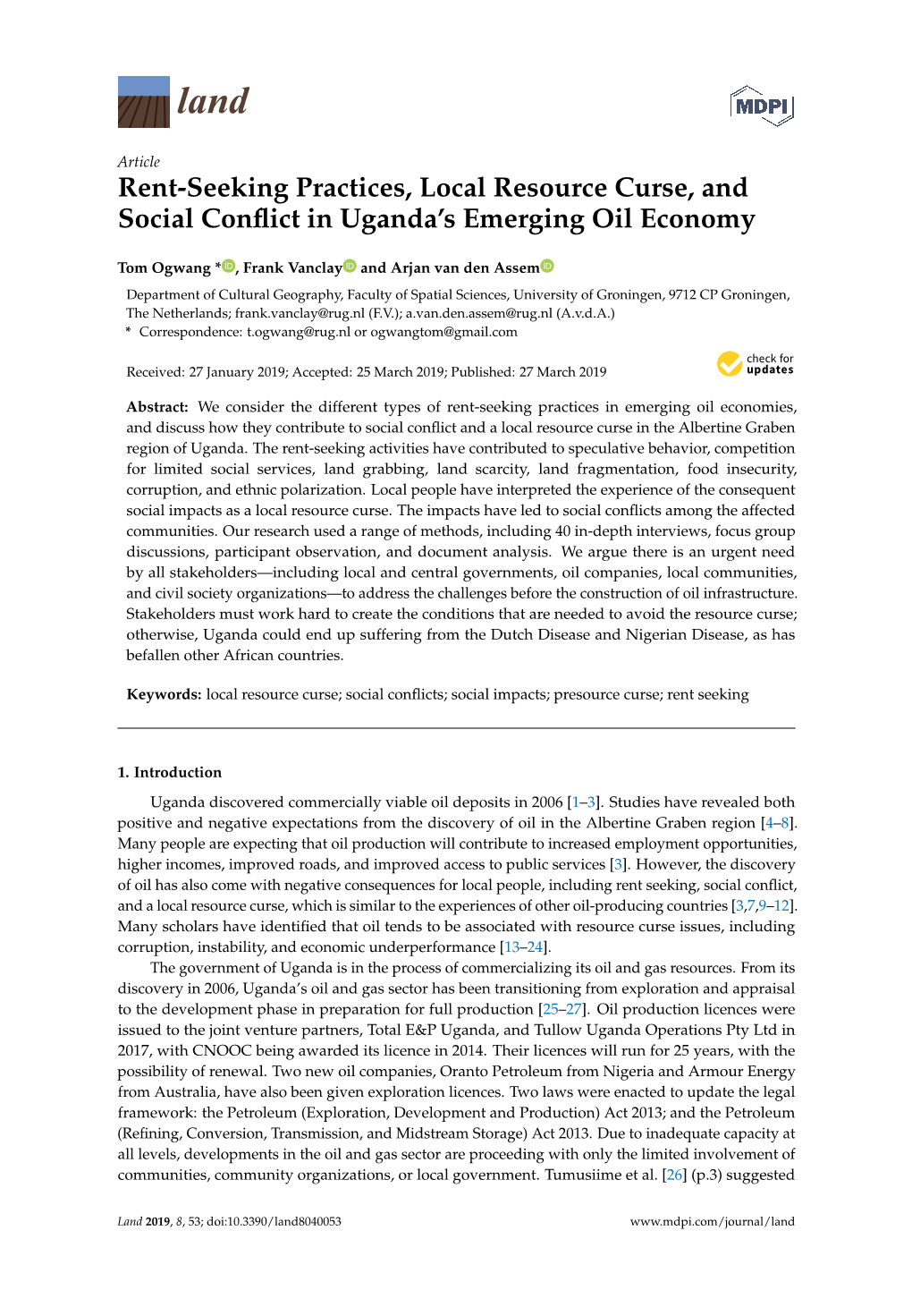 Rent-Seeking Practices, Local Resource Curse, and Social Conﬂict in Uganda’S Emerging Oil Economy