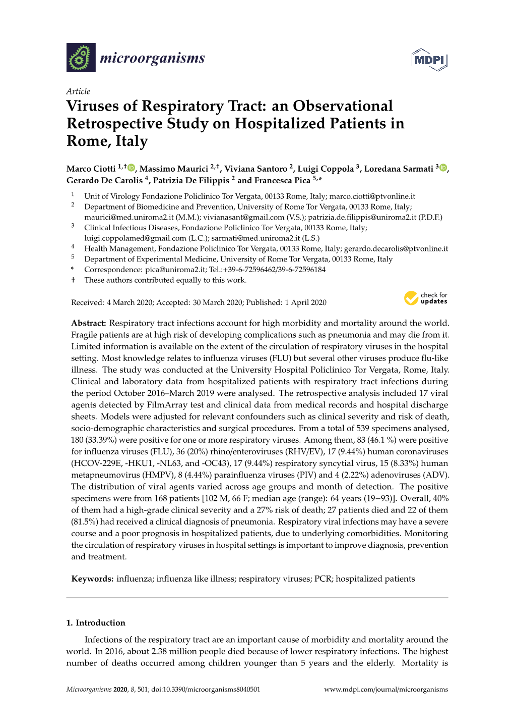 Viruses of Respiratory Tract: an Observational Retrospective Study on Hospitalized Patients in Rome, Italy