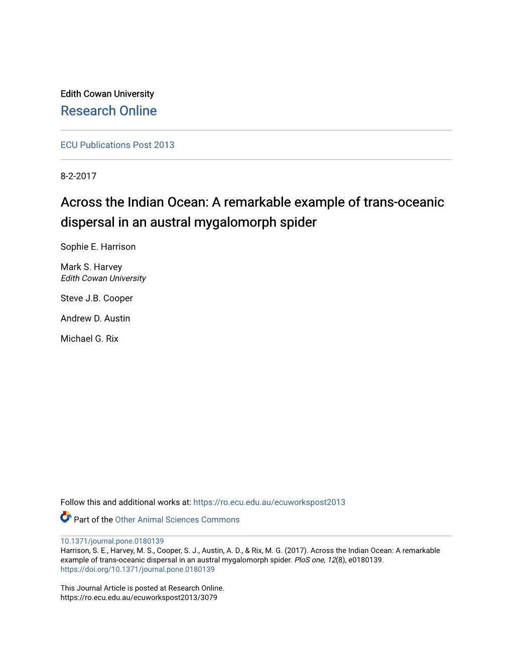 A Remarkable Example of Trans-Oceanic Dispersal in an Austral Mygalomorph Spider