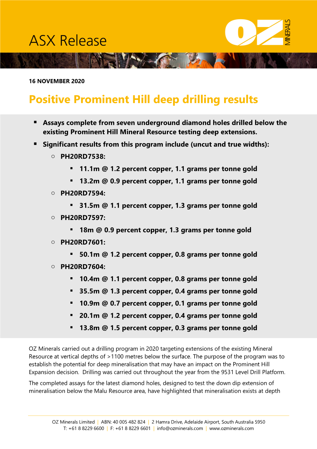 2020 Positive Prominent Hill Deep Drilling Results