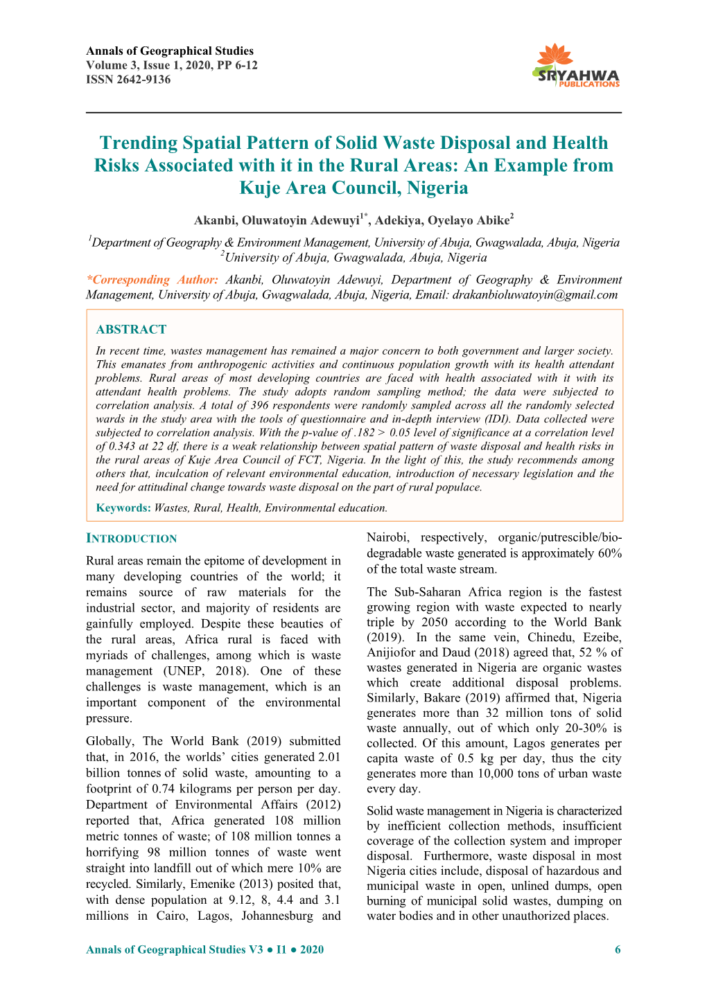 Trending Spatial Pattern of Solid Waste Disposal and Health Risks Associated with It in the Rural Areas: an Example from Kuje Area Council, Nigeria