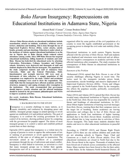 Boko Haram Insurgency: Repercussions on Educational Institutions in Adamawa State, Nigeria