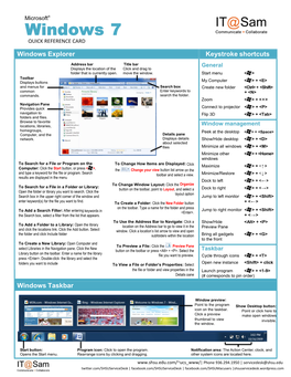 Windows 7 QUICK REFERENCE CARD Windows Explorer Keystroke Shortcuts