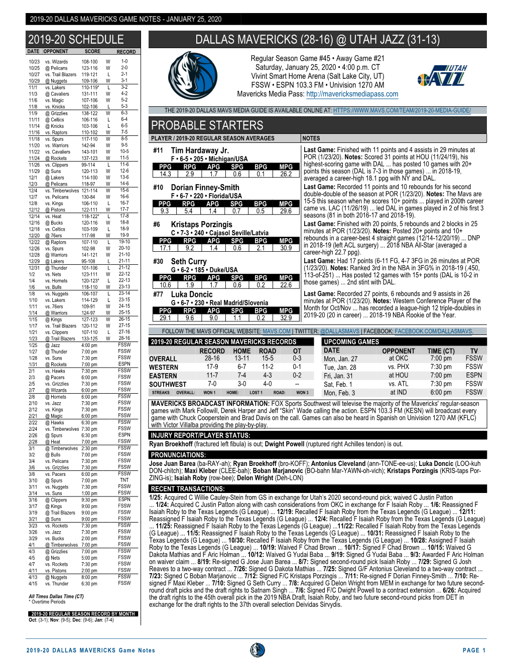 2019-20 SCHEDULE DALLAS MAVERICKS (28-16) @ UTAH JAZZ (31-13) DATE OPPONENT SCORE RECORD 10/23 Vs