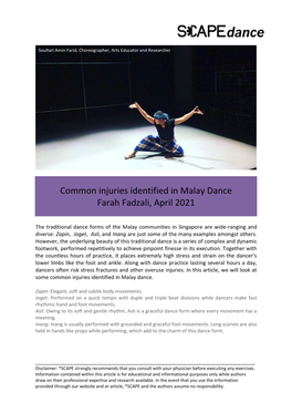 Common Injuries Identified in Malay Dance Farah Fadzali, April 2021