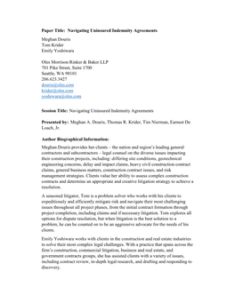 Paper Title: Navigating Uninsured Indemnity Agreements Meghan Douris Tom Krider Emily Yoshiwara