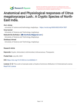 Anatomical and Physiological Responses of Citrus Megaloxycarpa Lush.: a Cryptic Species of North- East India