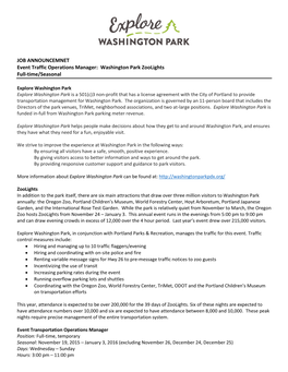 JOB ANNOUNCEMNET Event Traffic Operations Manager: Washington Park Zoolights Full-Time/Seasonal