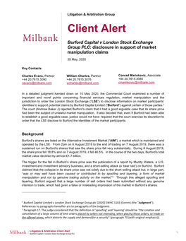 To Read the Full Client Alert, Burford Capital V London Stock Exchange