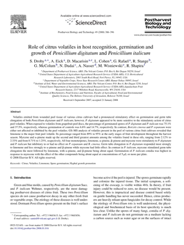 Role of Citrus Volatiles in Host Recognition, Germination and Growth of Penicillium Digitatum and Penicillium Italicum S