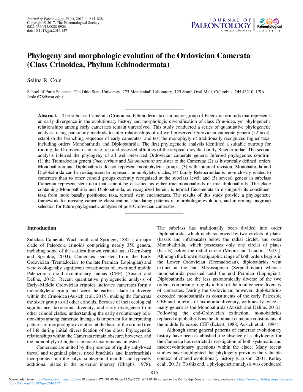 Phylogeny and Morphologic Evolution of the Ordovician Camerata (Class Crinoidea, Phylum Echinodermata)