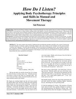 How Do I Listen? Applying Body Psychotherapy Principles and Skills in Manual and Movement Therapy1